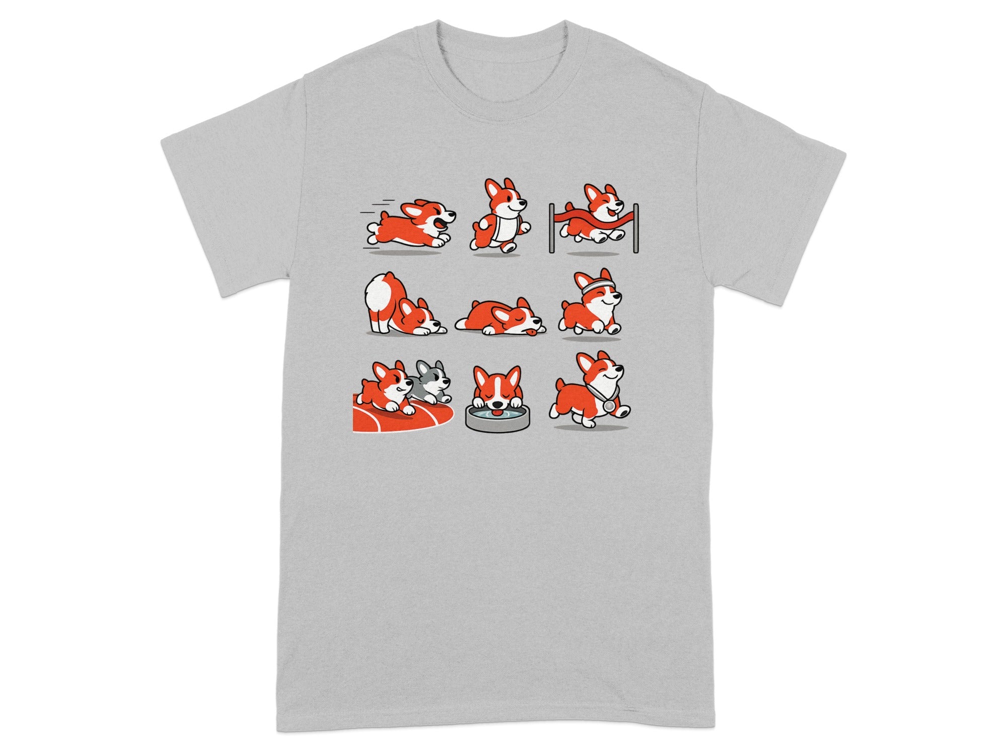 Nine cartoon corgis are shown participating in various dog agility activities on a gray t-shirt.