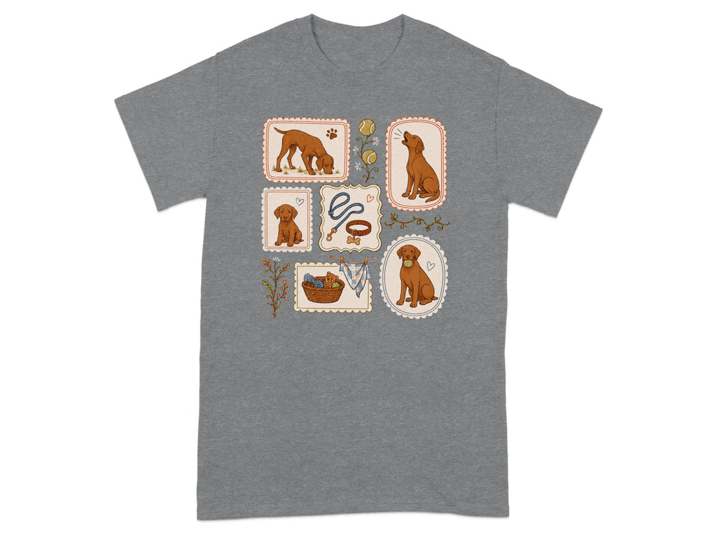 Framed illustrations of dogs, tennis balls, and pet accessories on a grey t-shirt.