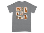 Framed illustrations of dogs, tennis balls, and pet accessories on a grey t-shirt.