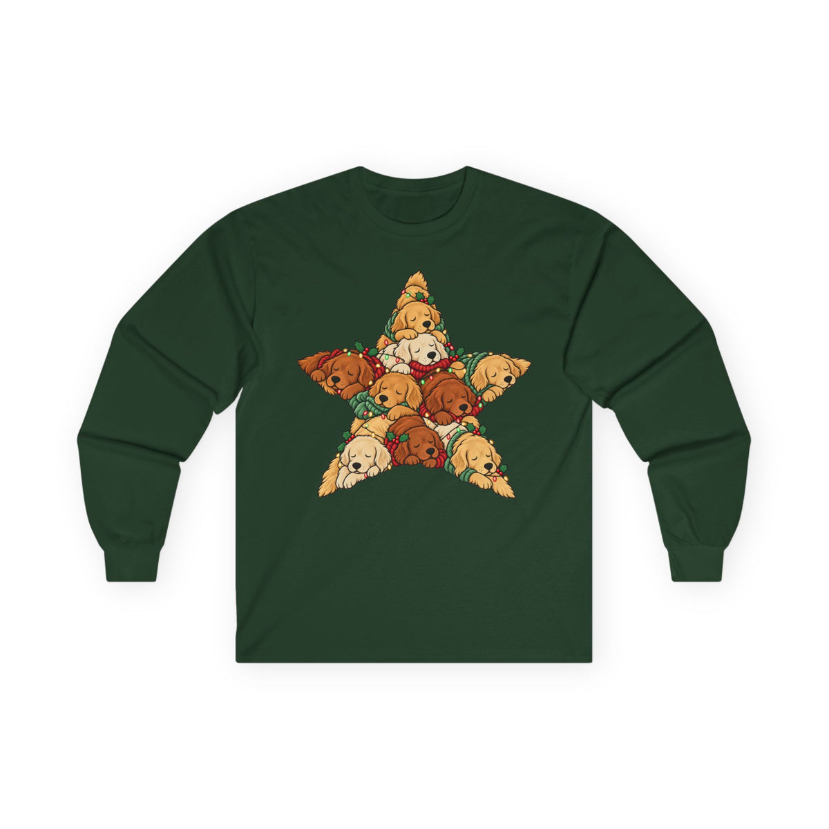 Golden Retriever Christmas Star long sleeve tee in Forest Green