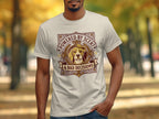 White t-shirt with a graphic of a beagle's head and text.