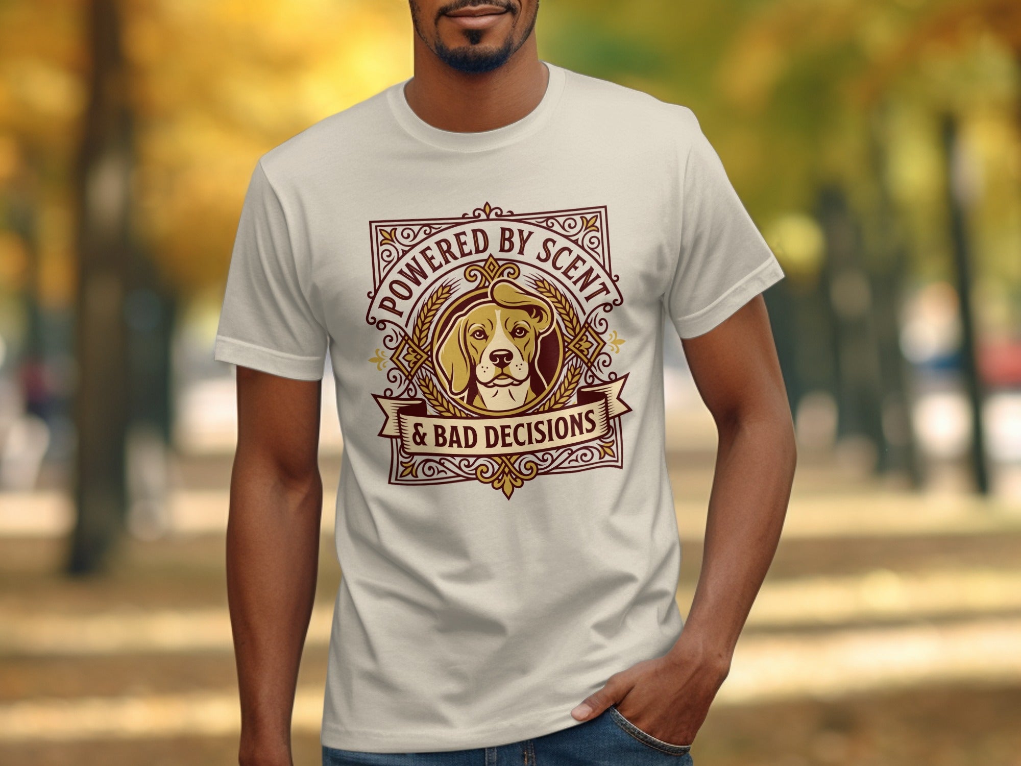 White t-shirt with a graphic of a beagle's head and text.