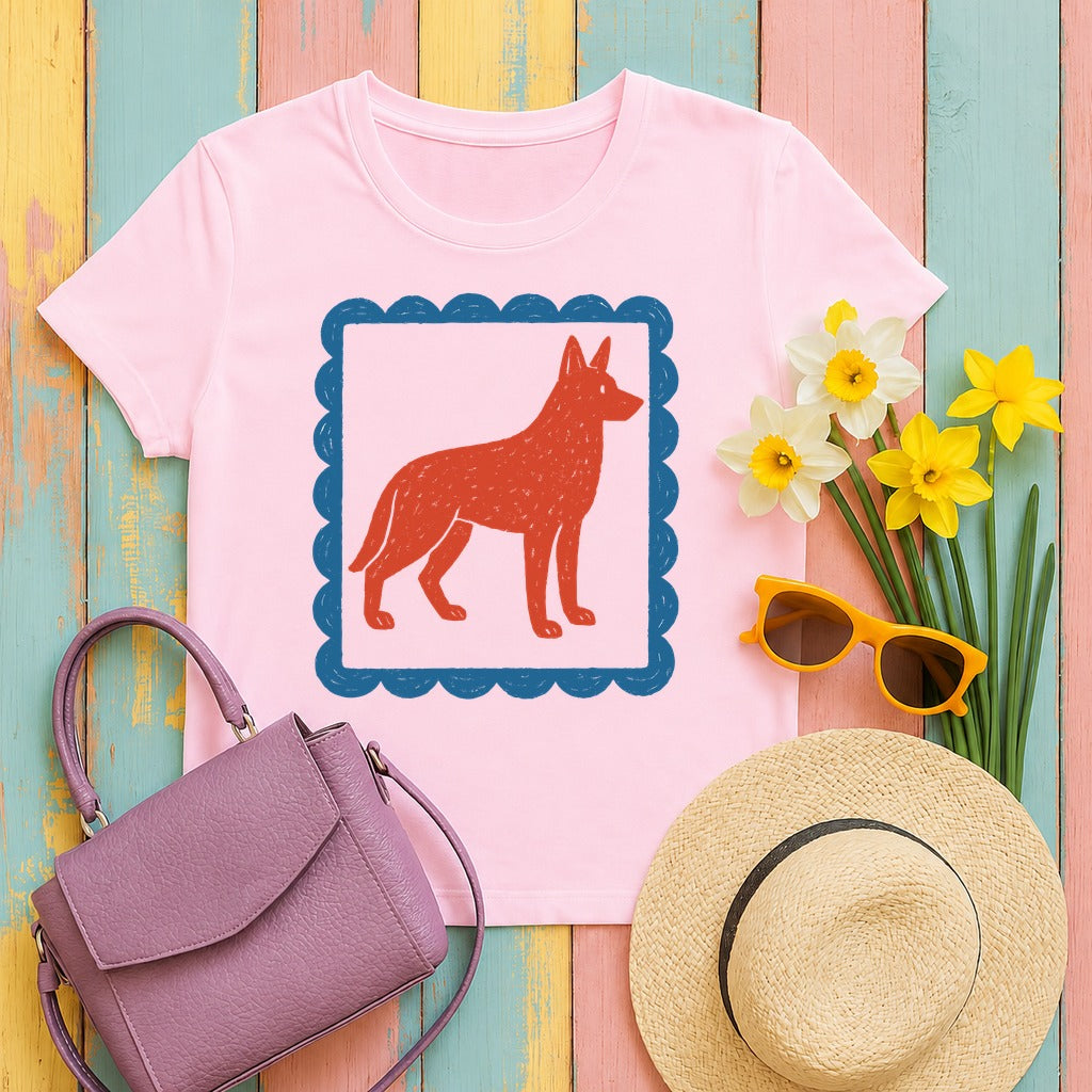 German Shepherd Stamp With Blue Border Decorative Design T-Shirt in Light Pink