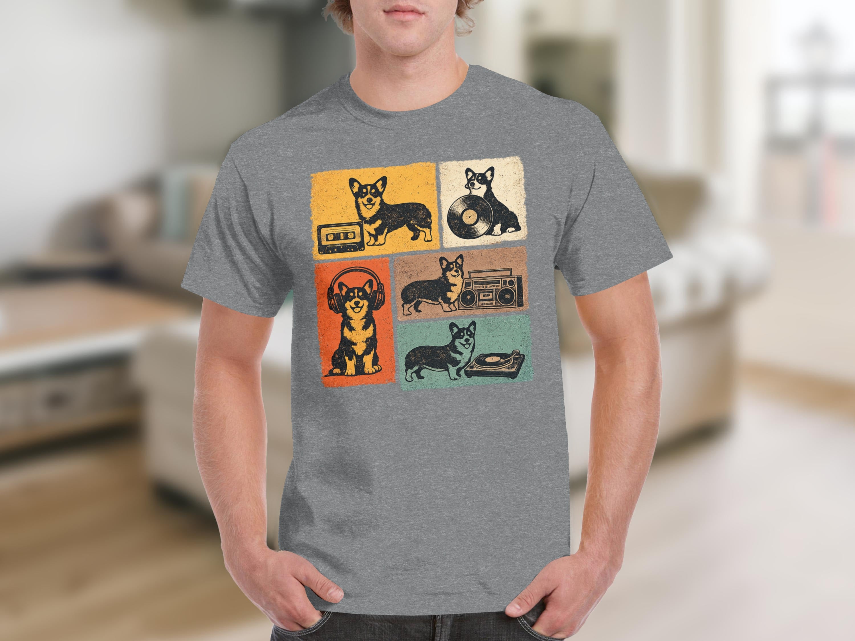 Corgis with music items: cassette, vinyl, headphones, boombox, and turntable.
