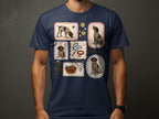 Framed illustrations of a dog and dog accessories on a navy t-shirt.