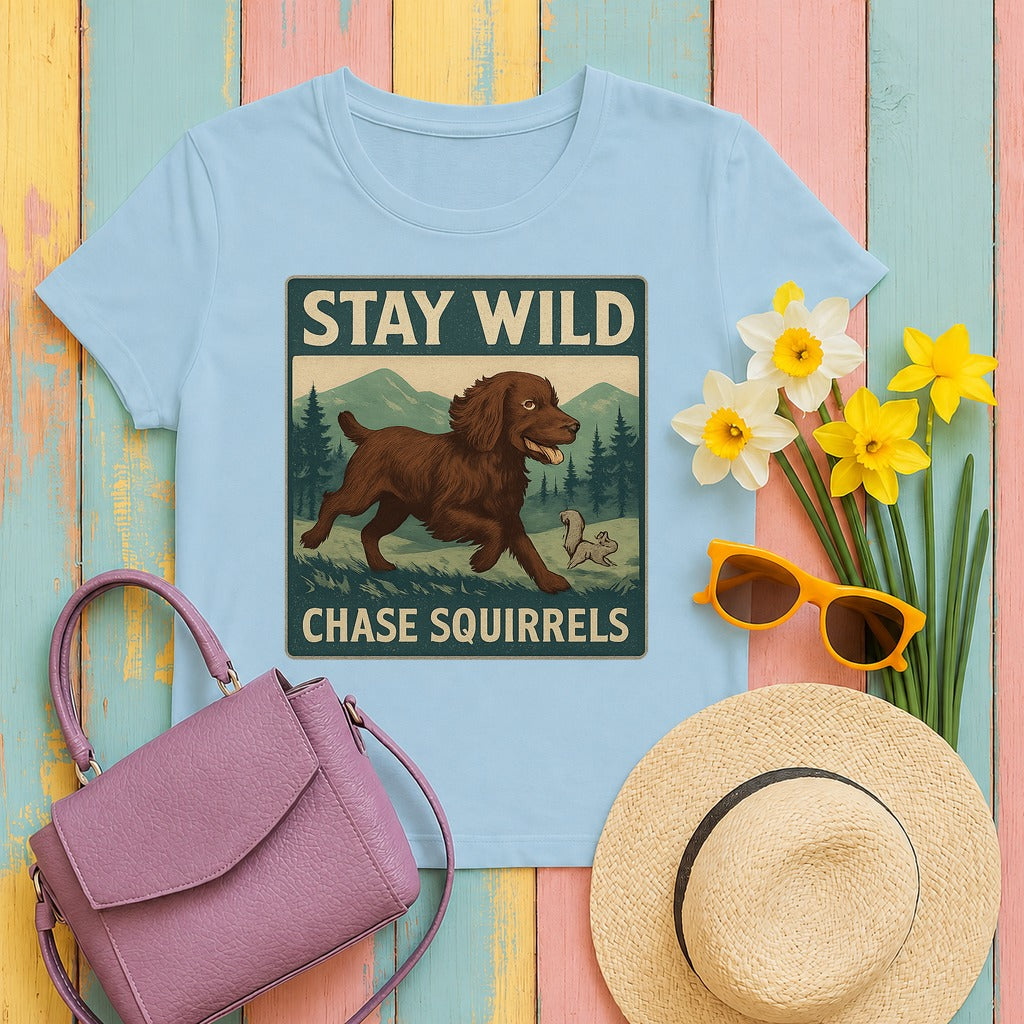 Boykin Spaniel Stay Wild Chase Squirrels T-shirt in Light Blue