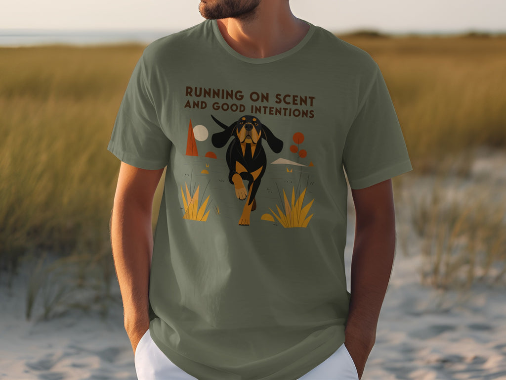 T-shirt with a dog running and the text "RUNNING ON SCENT AND GOOD INTENTIONS".
