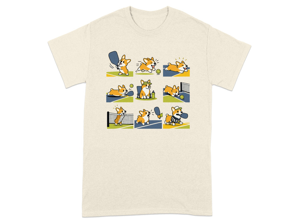 T-shirt with a collage of cartoon corgis playing pickleball in various actions.