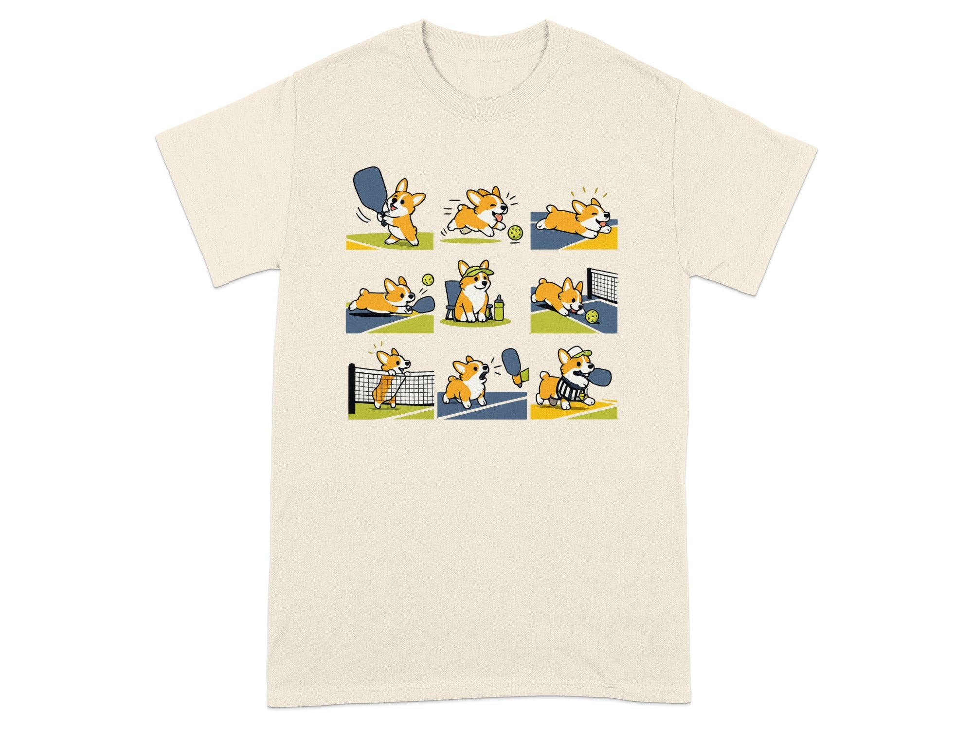 T-shirt with a collage of cartoon corgis playing pickleball in various actions.