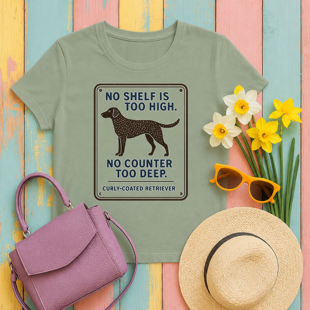 Curly-Coated Retriever No Shelf Is Too High Tee in Sage