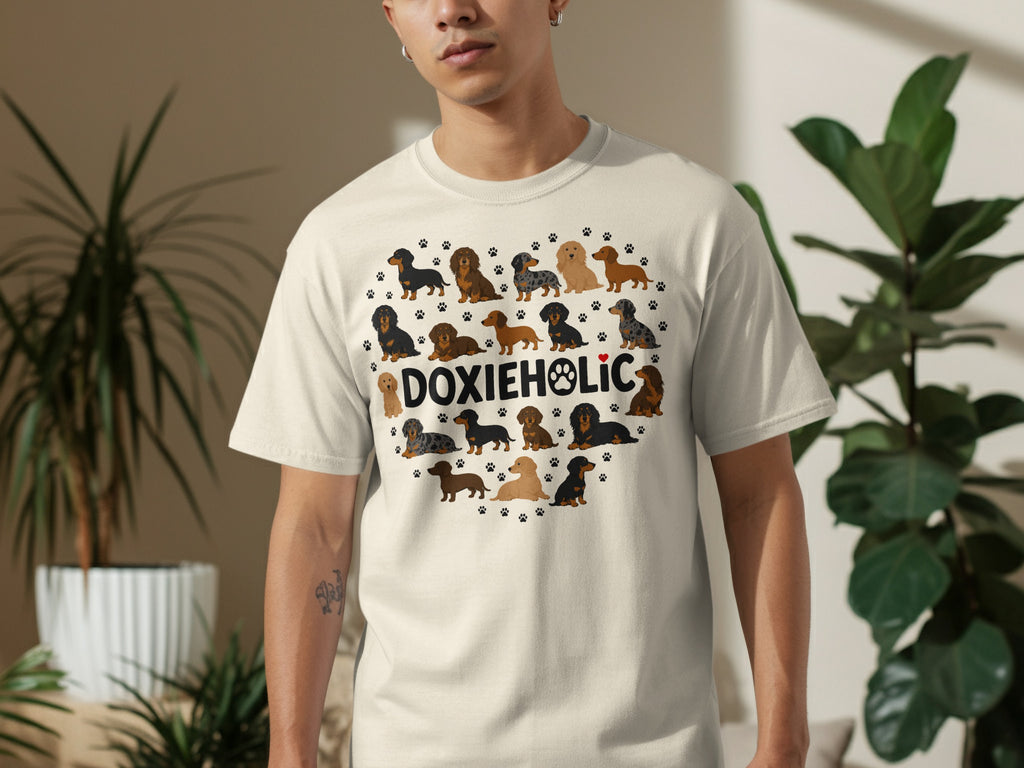 T-shirt with heart design of various dachshund breeds and "DOXIEHOLIC" text.