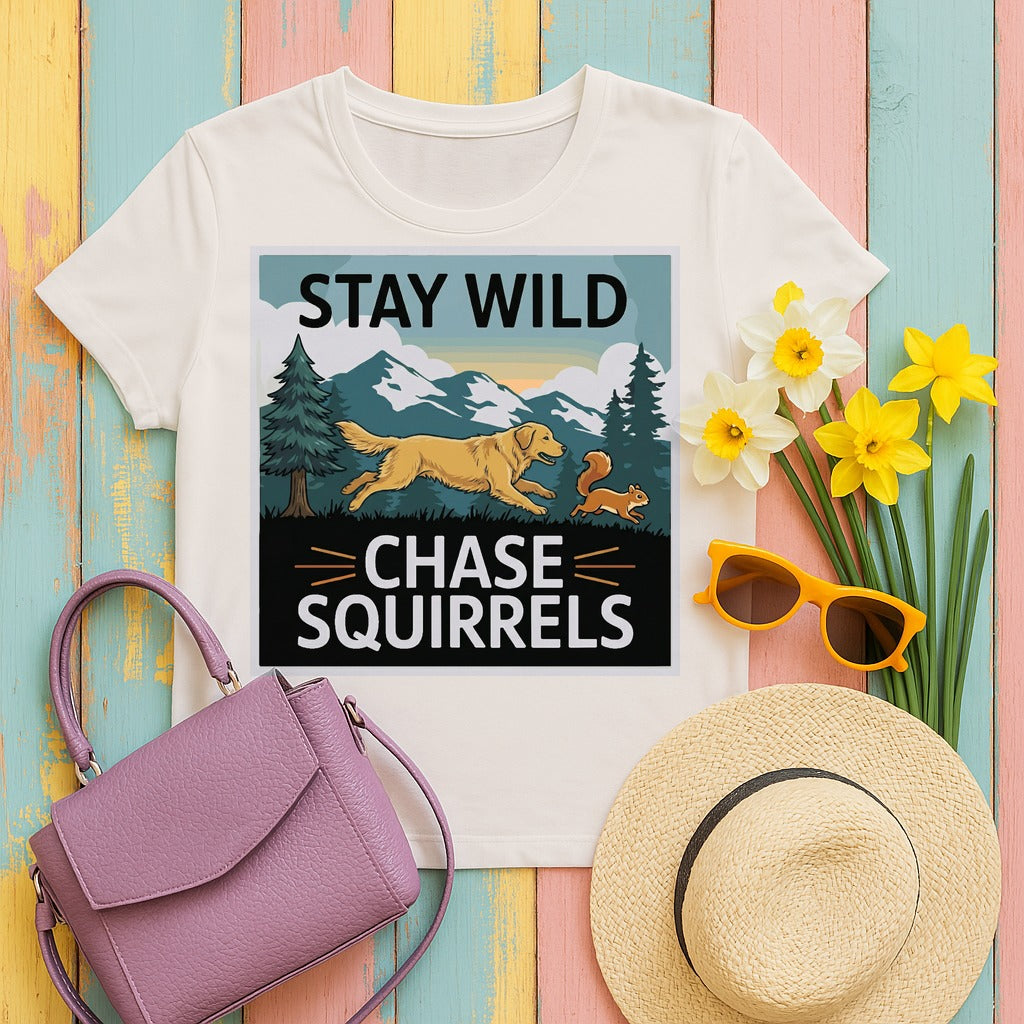 Stay Wild Chase Squirrels with Golden Retriever T-Shirt in Ice Grey
