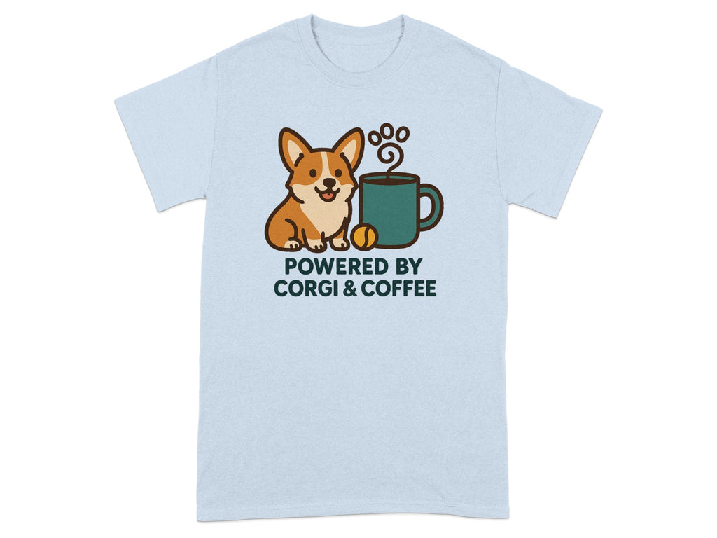 Light blue t-shirt with cartoon corgi, coffee cup, and "Powered By Corgi & Coffee" text.