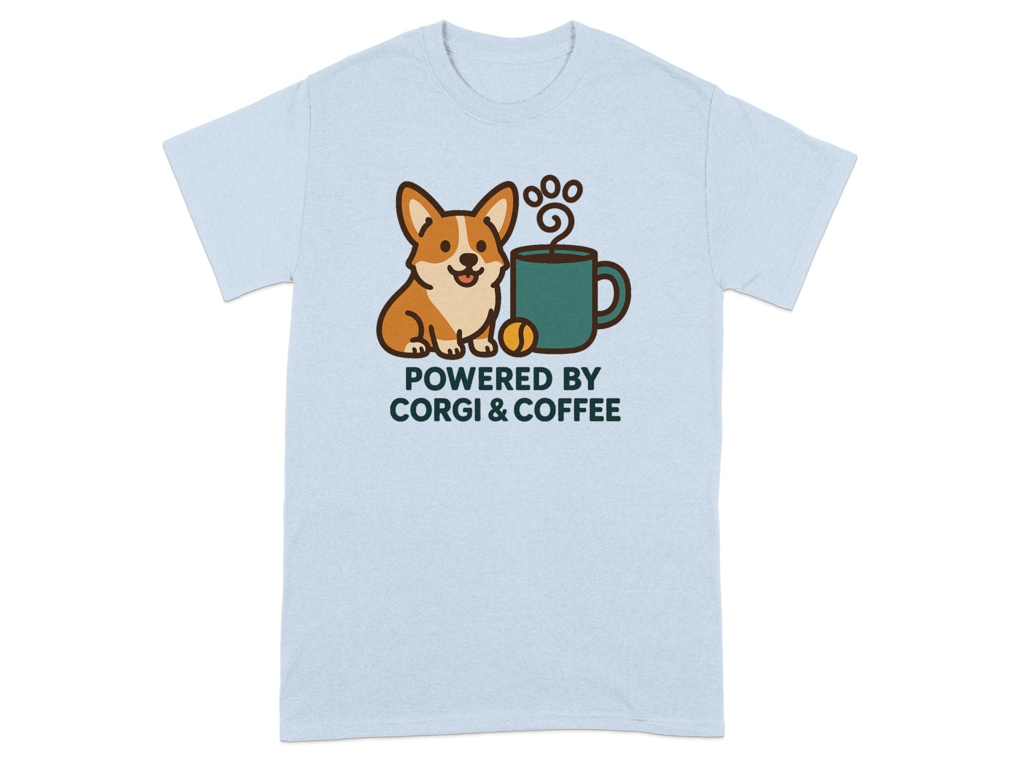 Light blue t-shirt with cartoon corgi, coffee cup, and "Powered By Corgi & Coffee" text.