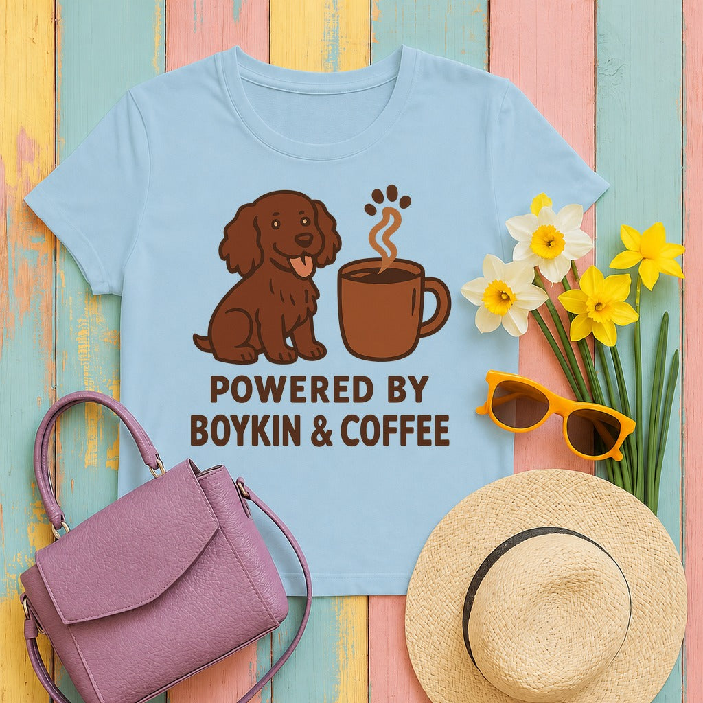 Boykin Spaniel Powered by Coffee T-shirt in Light Blue