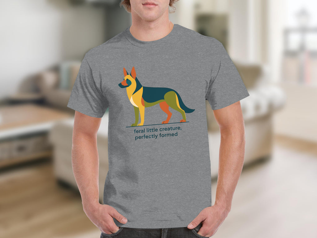 German Shepherd graphic with text "feral little creature, perfectly formed" on grey t-shirt.