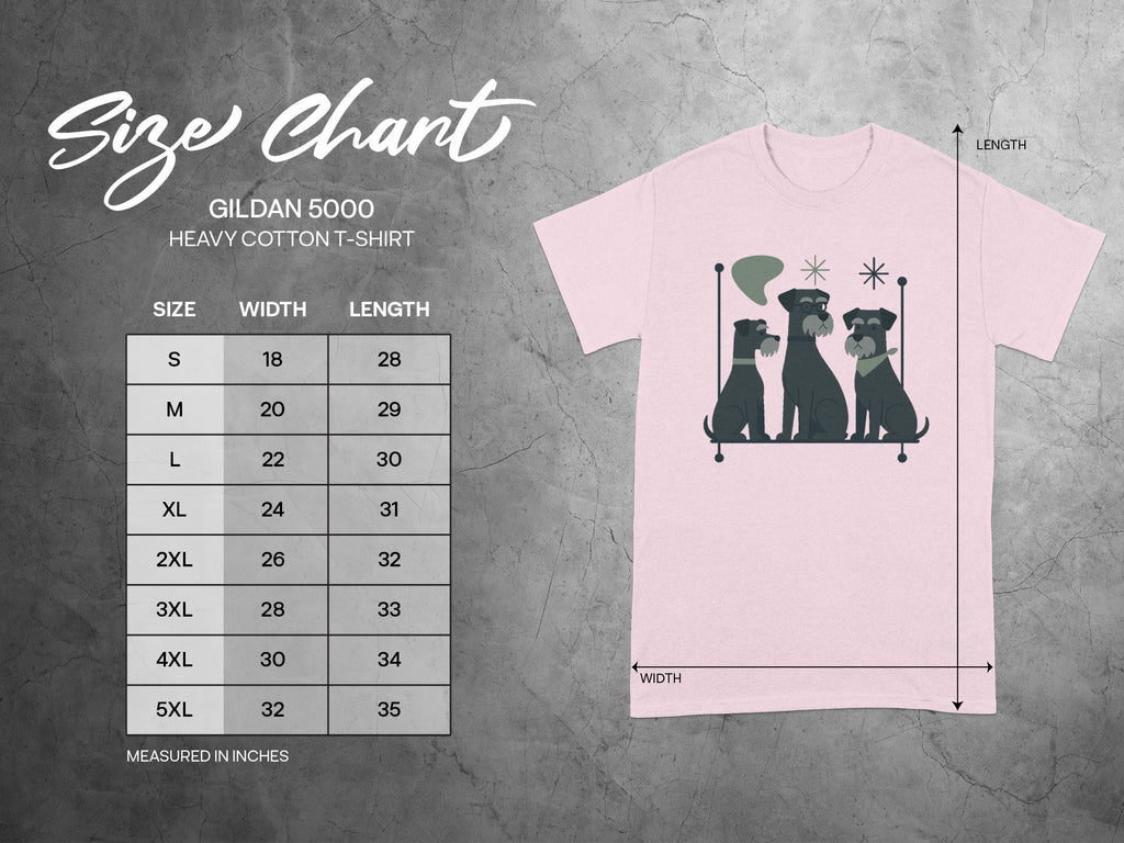 Gildan 5000 Heavy Cotton T-Shirt size chart with width and length in inches.