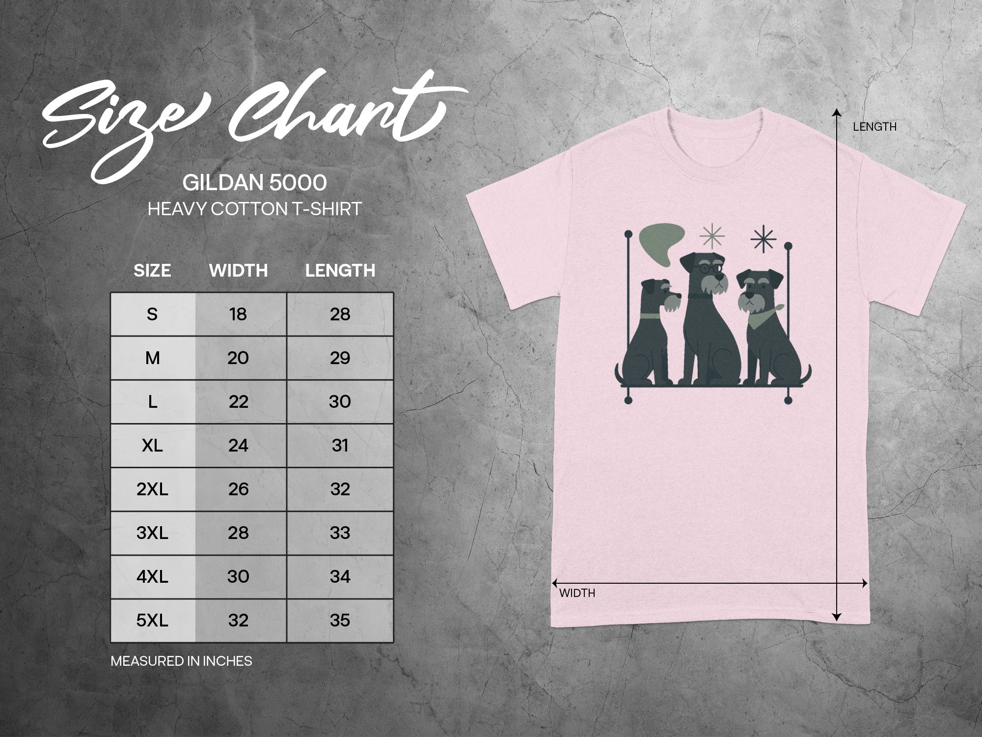 Gildan 5000 Heavy Cotton T-Shirt size chart with width and length in inches.