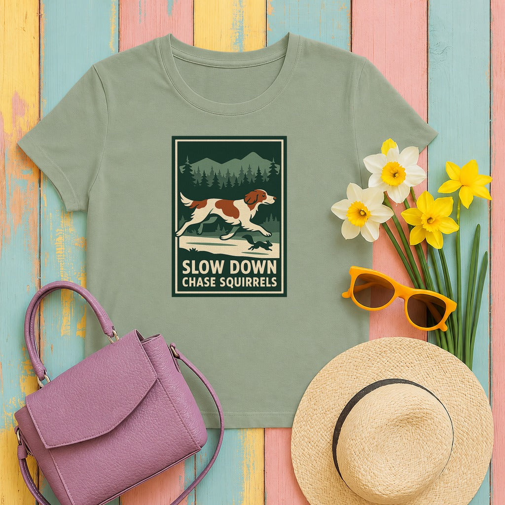 Irish Red and White Setter Slow Down Chase Squirrels Tee in Sage
