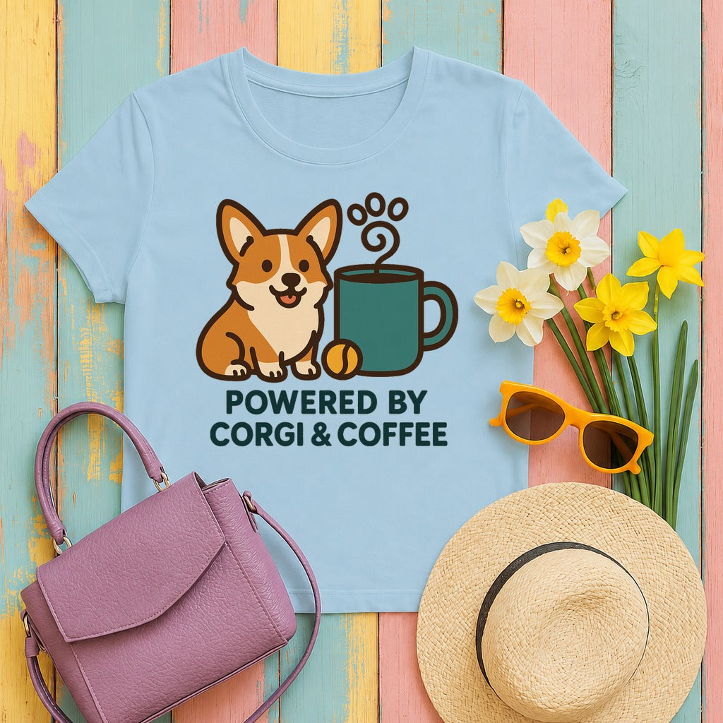 Corgi & Coffee Powered Whimsical T-Shirt in Light Blue