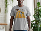T-shirt with graphic of three golden dogs with retro design elements.