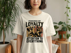 T-shirt with two German Shepherds and text: "Powered by Loyalty & Attention to Everything".