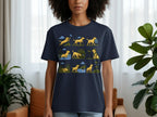 Navy t-shirt featuring a nine-panel illustration of a yellow Labrador's outdoor adventures.