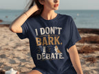 Navy t-shirt with "I Don't Bark. I Debate." text and corgi graphic.