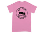 Black "Certified Sniff Inspector" logo on pink t-shirt.