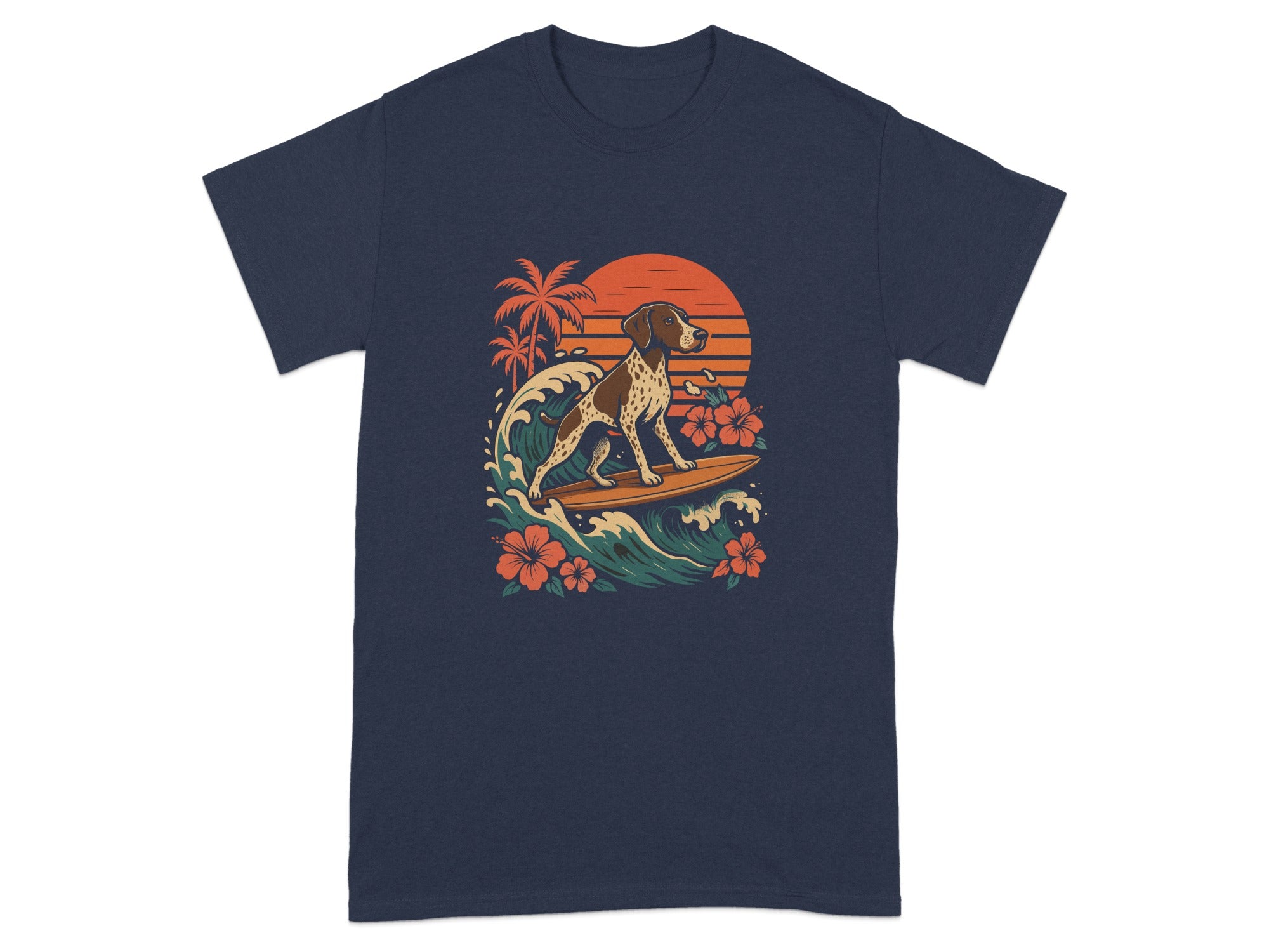 Surfing Dog Under Sunset with Flowers Graphic Shirt