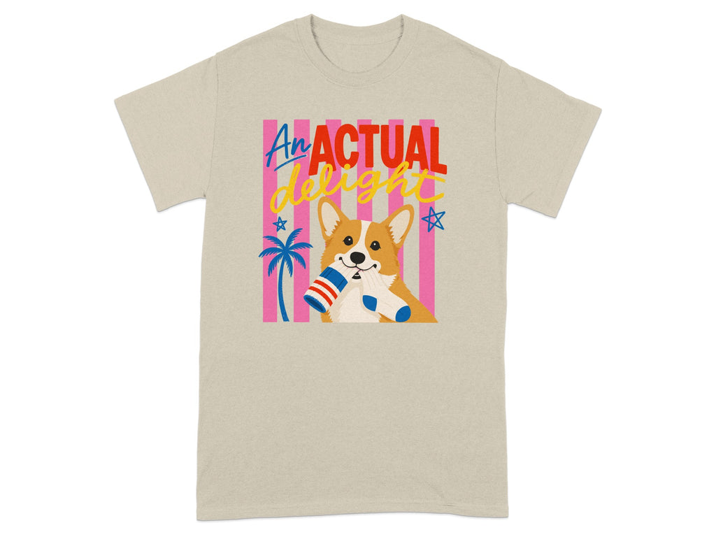 Cream t-shirt with a corgi holding socks, "An ACTUAL delight" text.