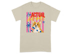 Cream t-shirt with a corgi holding socks, "An ACTUAL delight" text.