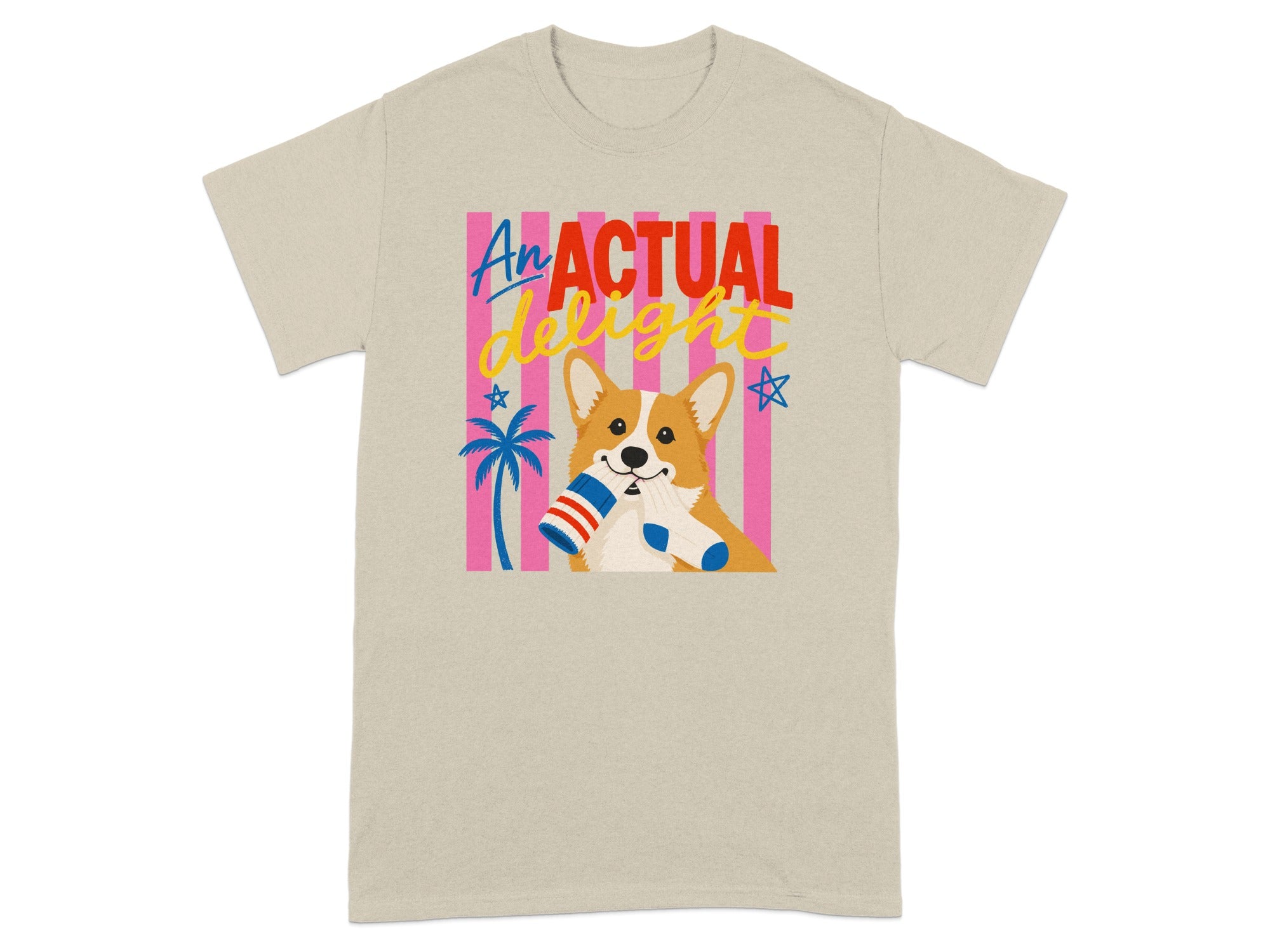 Cream t-shirt with a corgi holding socks, "An ACTUAL delight" text.