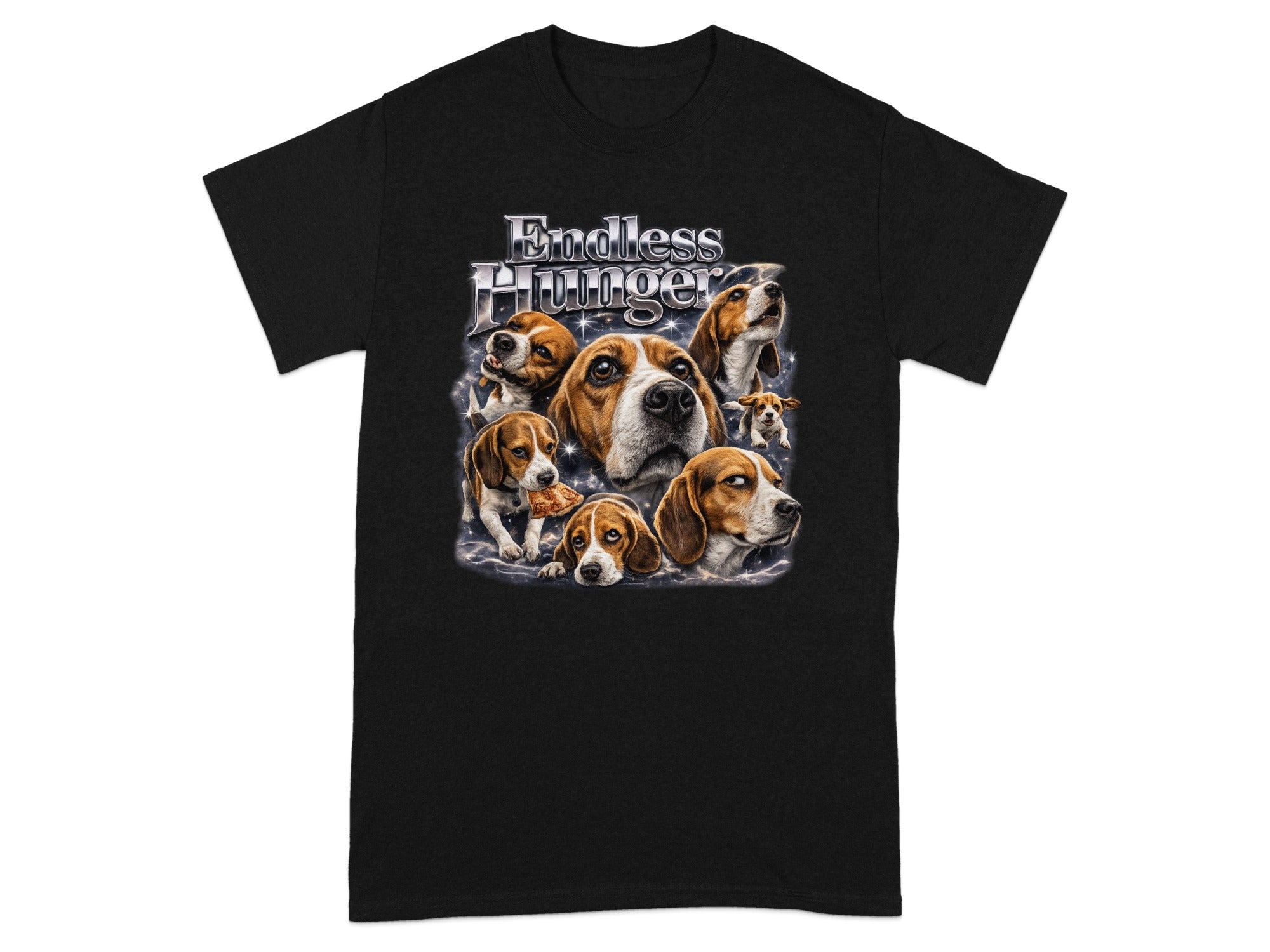 Black t-shirt with "Endless Hunger" text and a collage of beagle dogs.