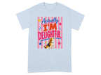 Light blue t-shirt with "Actually I'm DELIGHTFUL" text and a beagle dog.