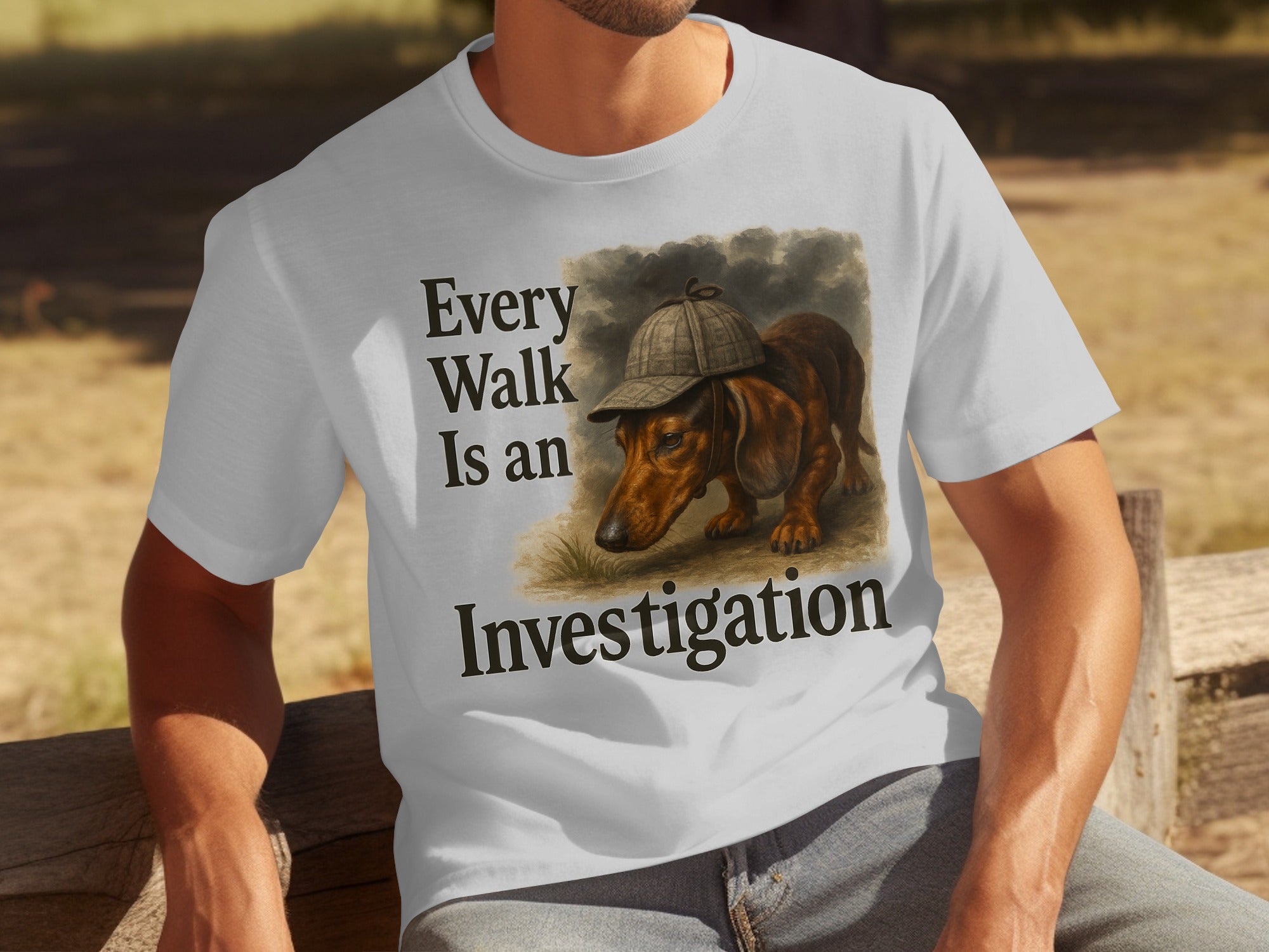 White t-shirt with Dachshund wearing a detective hat and text: "Every Walk Is an Investigation".