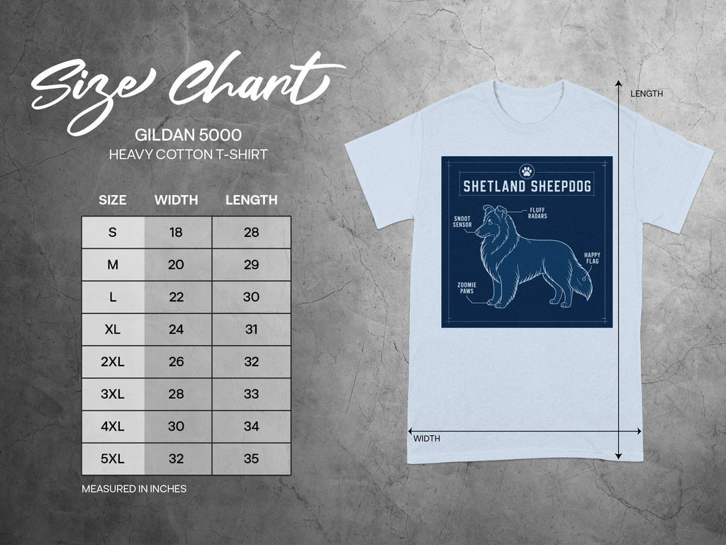 Gildan 5000 size chart with Shetland Sheepdog illustration and measurements.