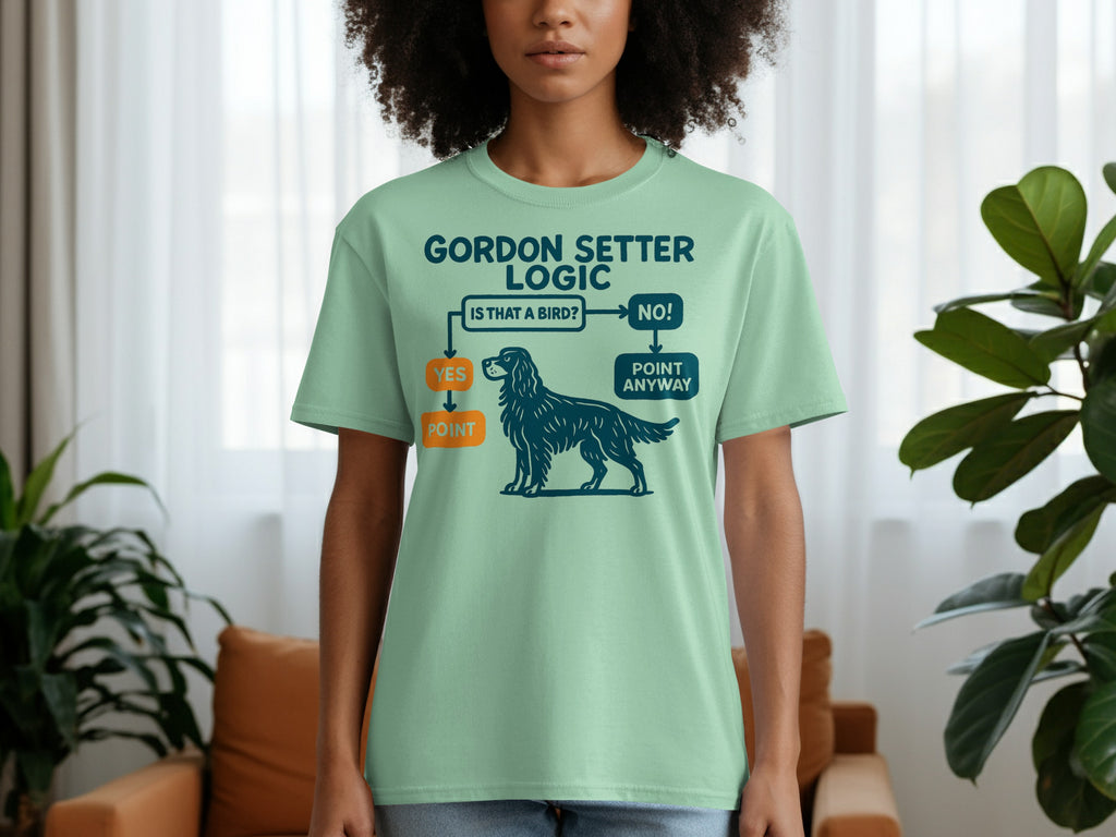 Gordon Setter logic flowchart with a dog on a light green t-shirt.