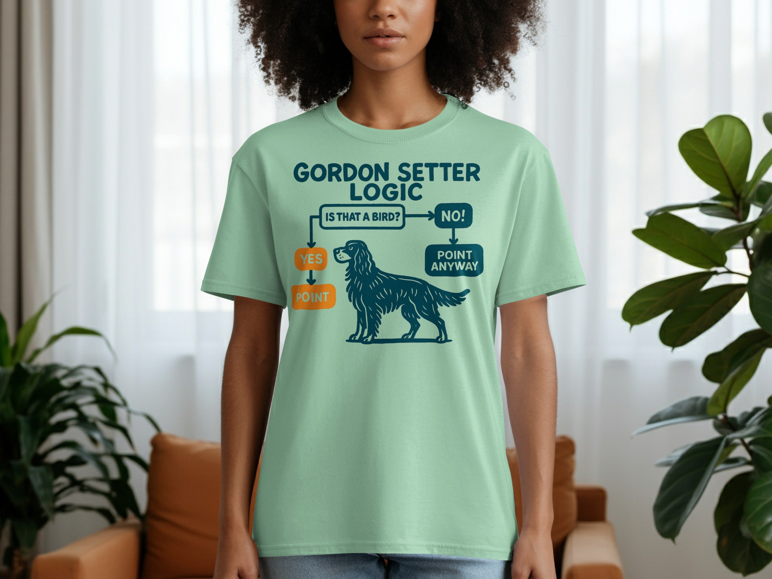 Gordon Setter logic flowchart with a dog on a light green t-shirt.