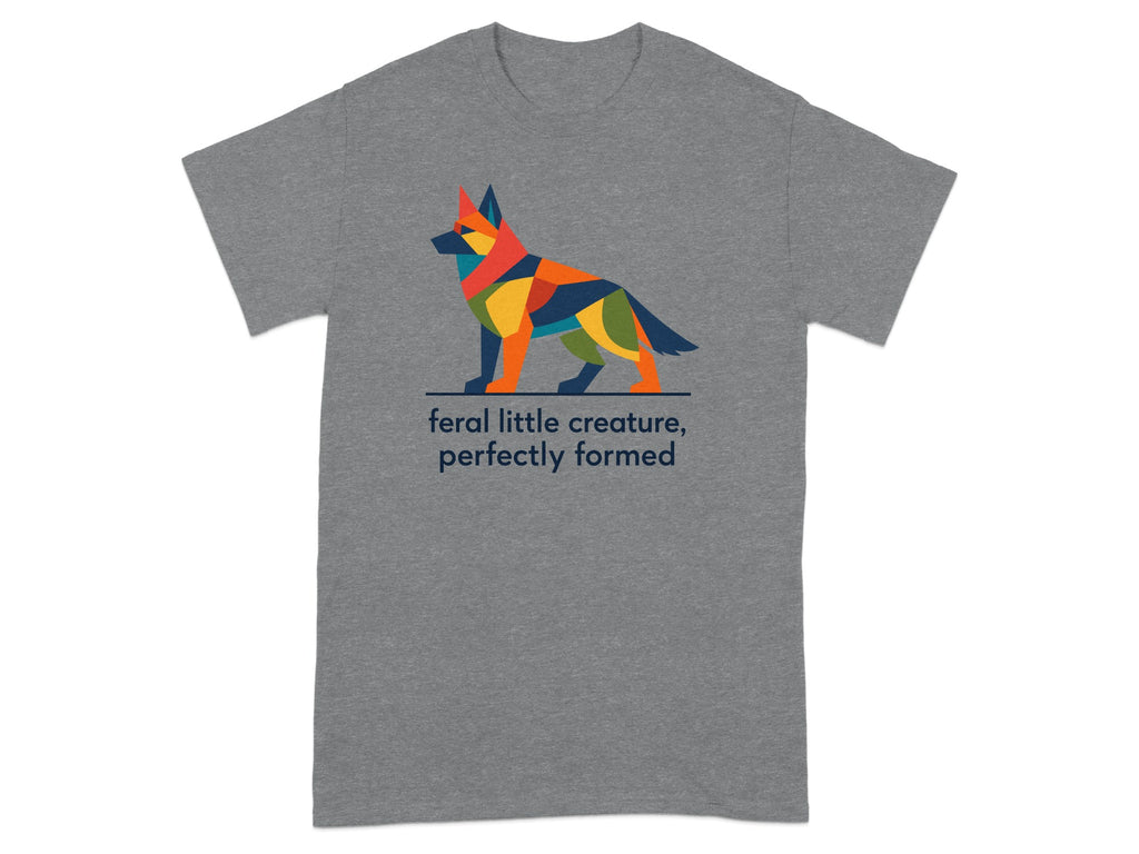 Grey t-shirt with a colorful abstract dog graphic and text "feral little creature, perfectly formed".