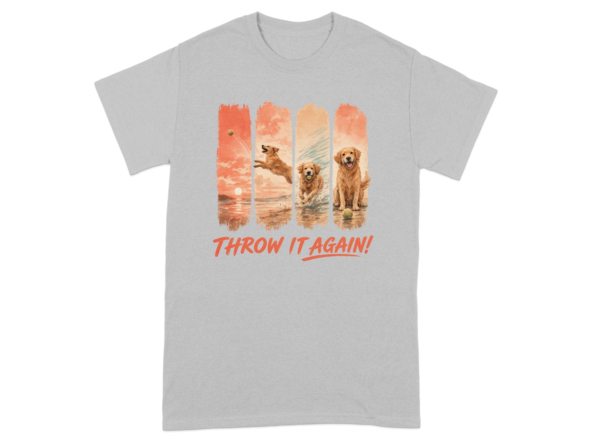 T-shirt with four vertical panels of golden retrievers playing fetch by the water with text "THROW IT AGAIN!".