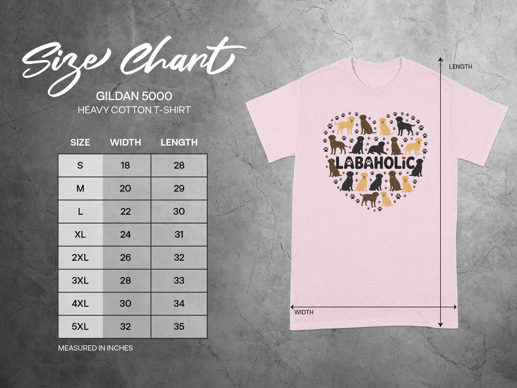 Gildan 5000 t-shirt size chart with dog paw print "LABAHOLIC" graphic.