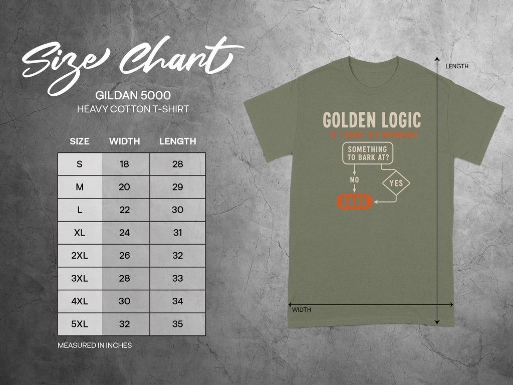 Gildan 5000 t-shirt size chart with width and length measurements.