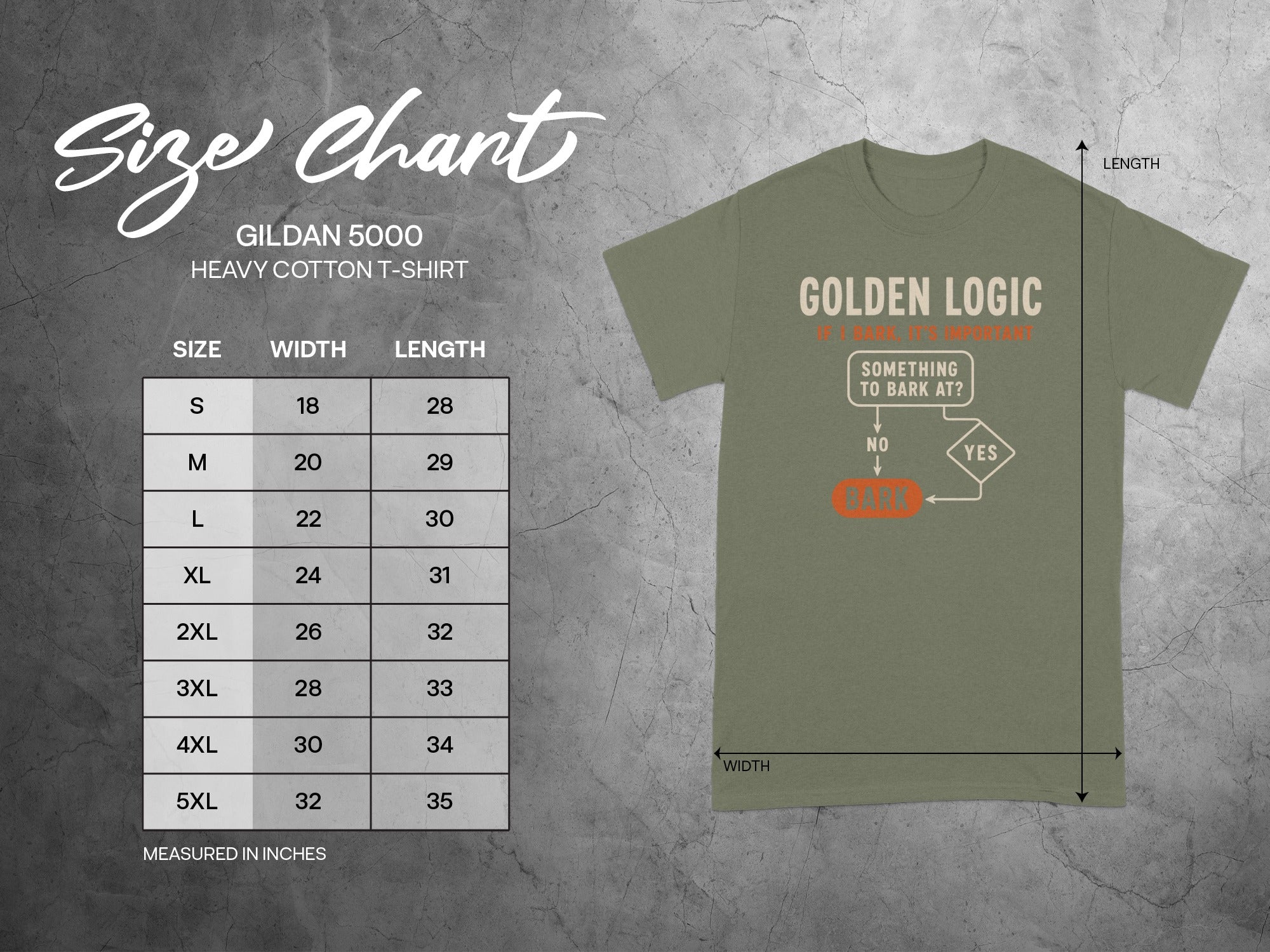 Gildan 5000 t-shirt size chart with width and length measurements.