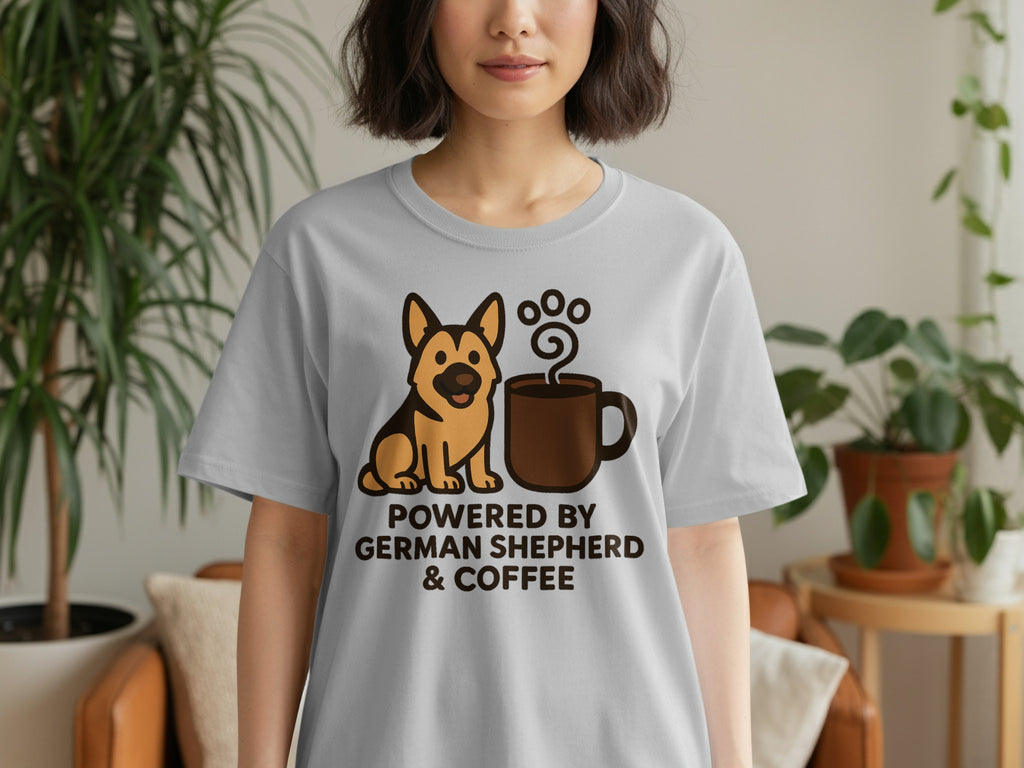 Grey t-shirt with a German Shepherd and coffee cup graphic and text.
