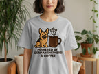 Grey t-shirt with a German Shepherd and coffee cup graphic and text.