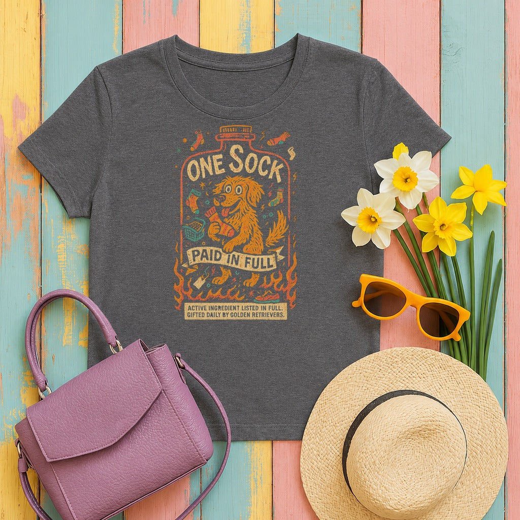 Golden Retriever One Sock T-Shirt on Dark Grey Heather