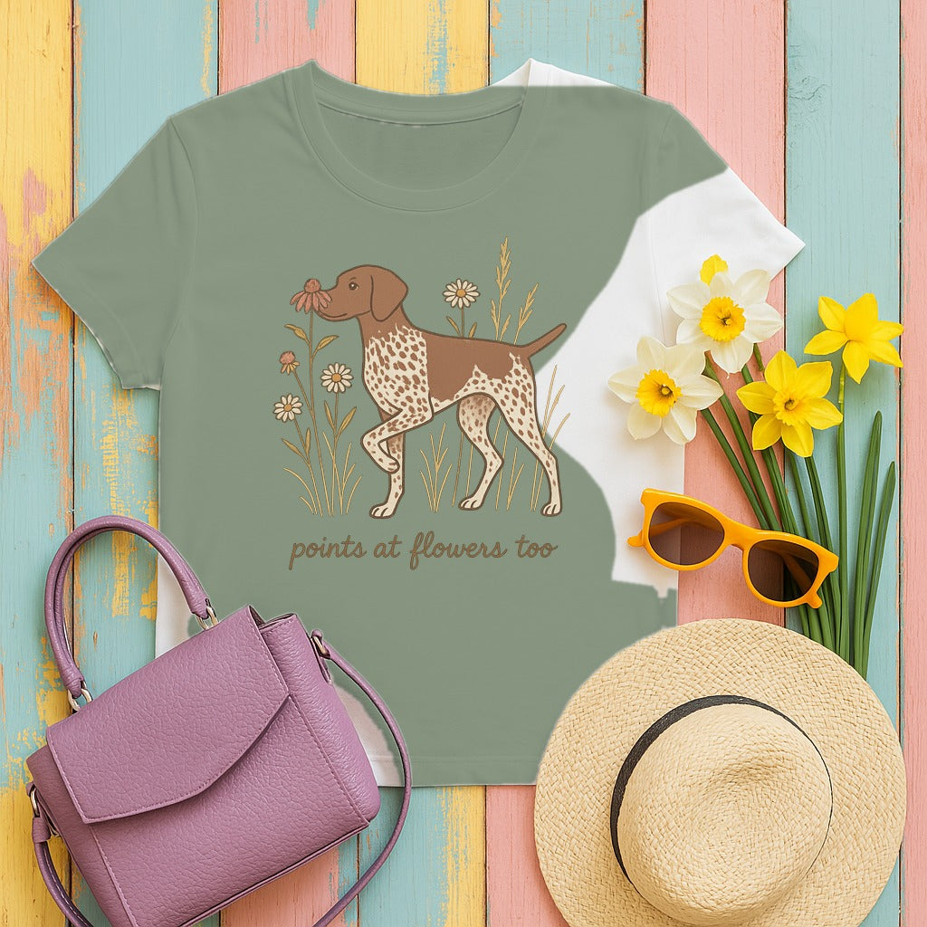 German Shorthaired Pointer Points at Flowers Tee styled flat lay on Sage