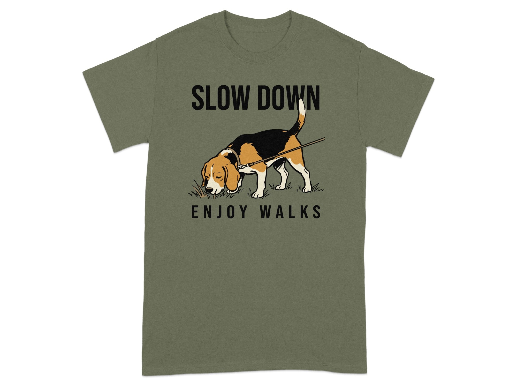 Olive green t-shirt with a beagle sniffing grass and text "SLOW DOWN ENJOY WALKS".