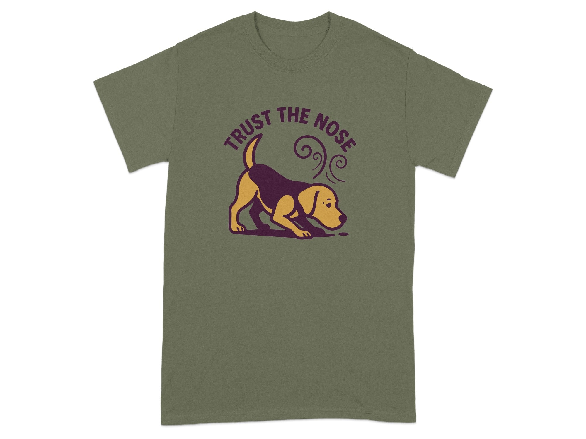 Green t-shirt with cartoon dog and the words "TRUST THE NOSE".